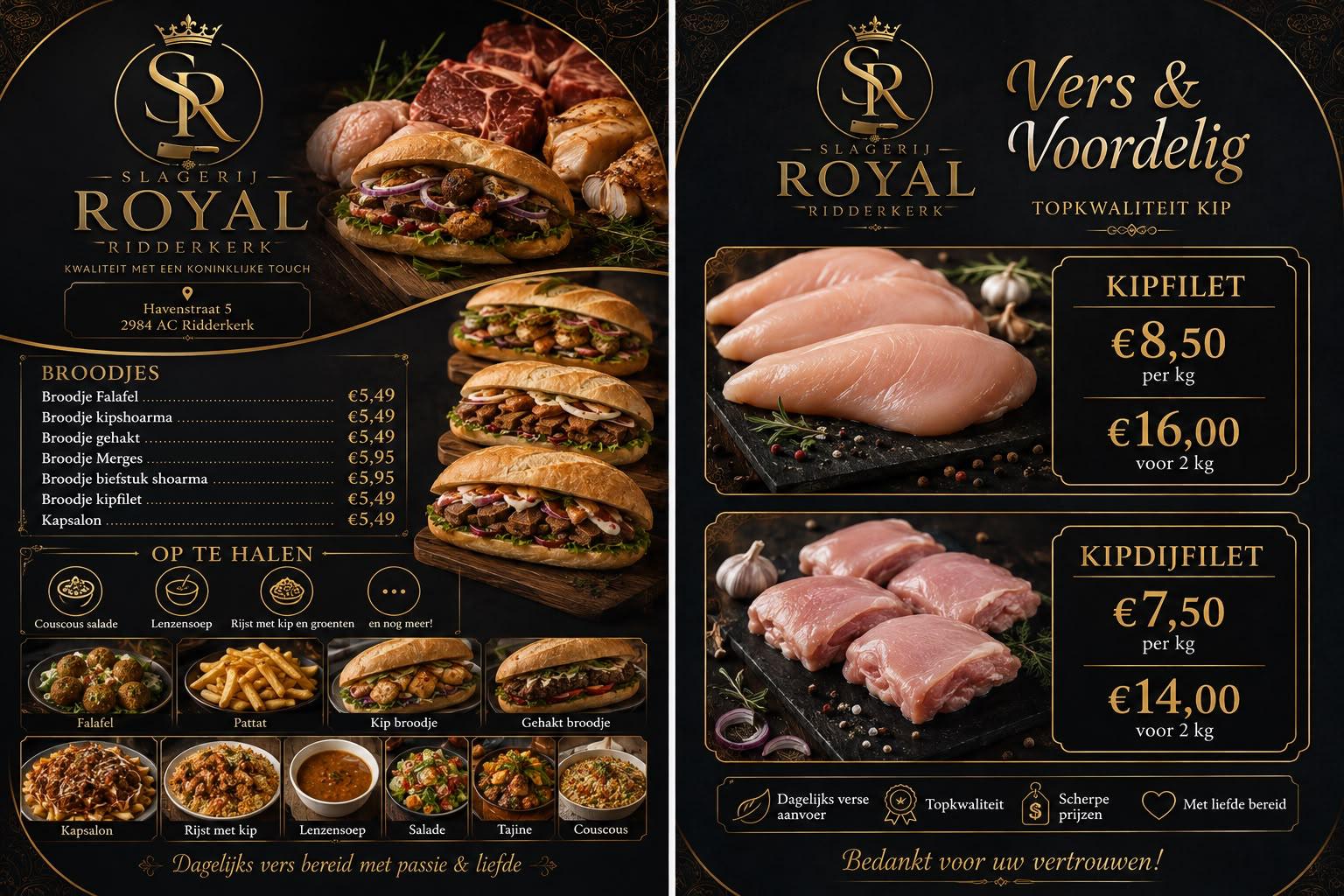 Flyer van Slagerij Royal met broodjes, afhaalmaaltijden en kipaanbiedingen
