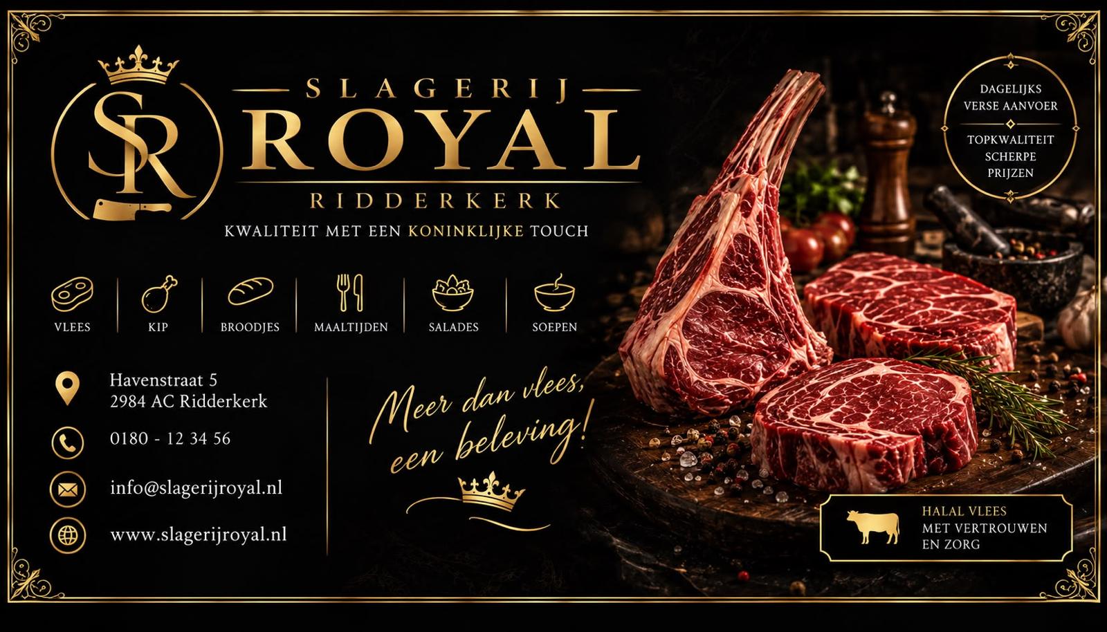 Flyer van Slagerij Royal Ridderkerk met assortiment en winkelgegevens
